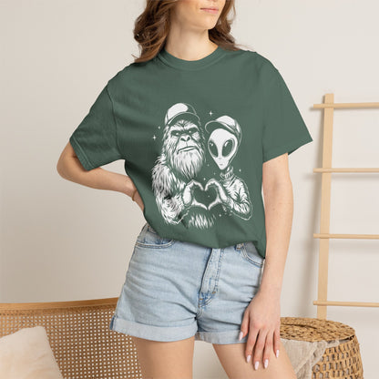 Alien & Sasquatch Heart Tee — Funny UFO Bigfoot Graphic T-Shirt