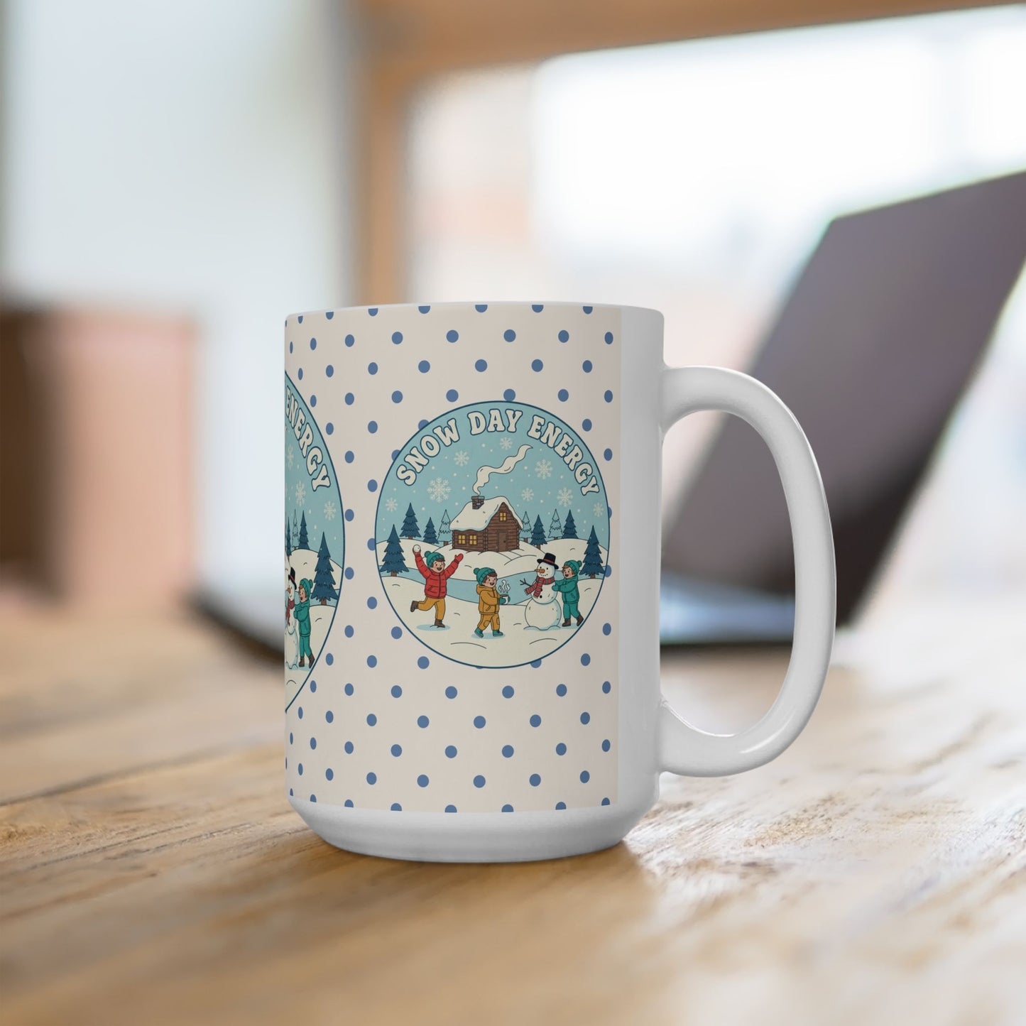Snow Day Memories Ceramic Mug — Cozy Cabin Winter Scene/ Gift Mug (11oz & 15oz)