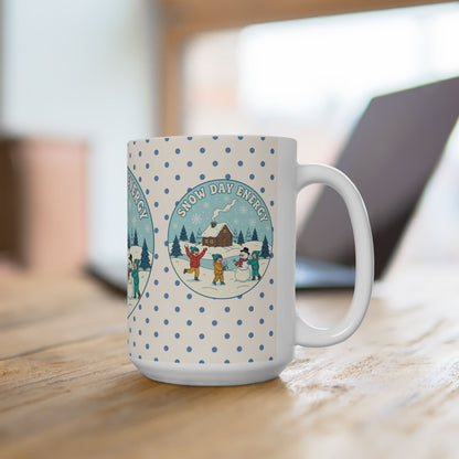 Snow Day Memories Ceramic Mug — Cozy Cabin Winter Scene/ Gift Mug (11oz & 15oz)