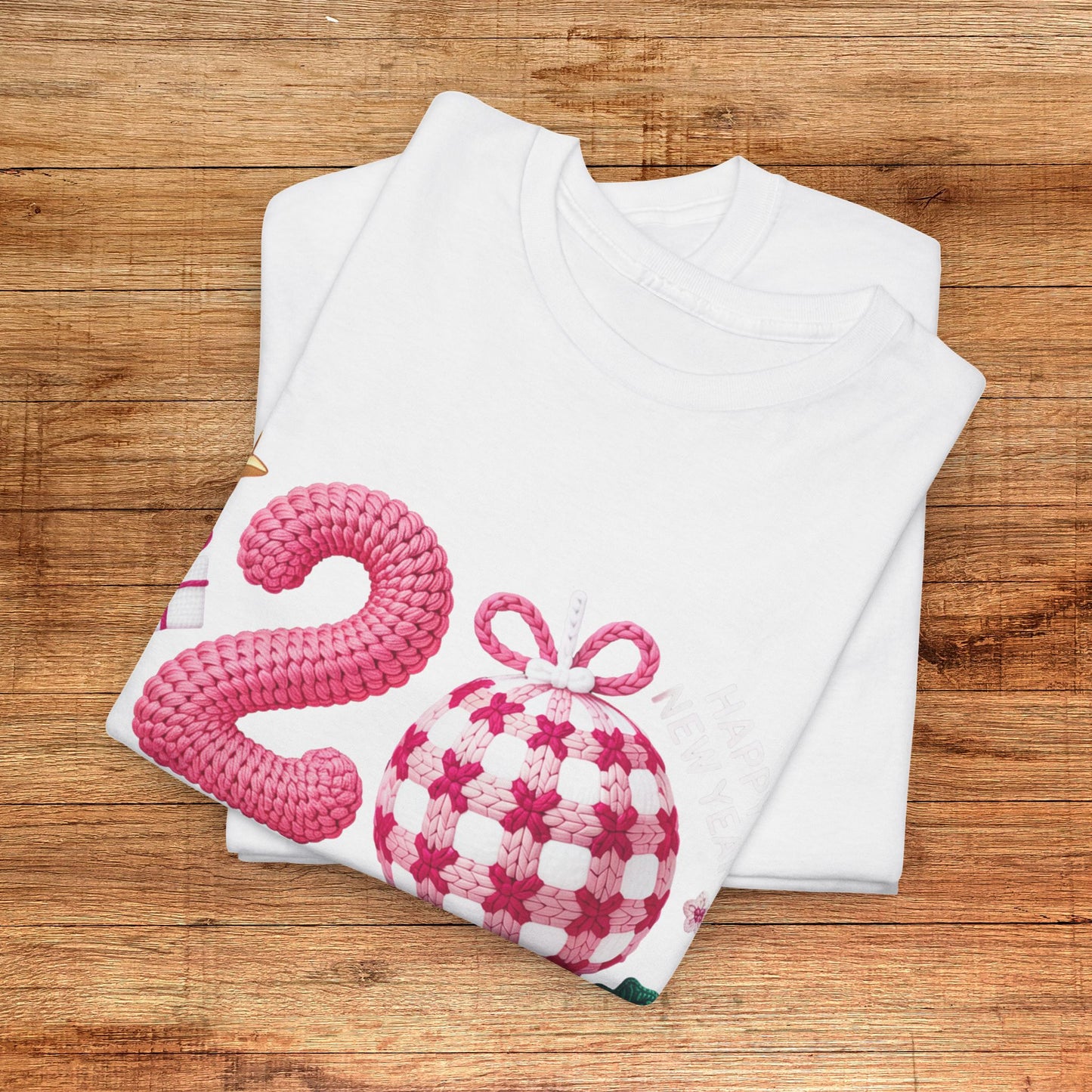 2026 Christmas Knit Style T-Shirt – Cozy Holiday Graphic Tee with Pink Plaid Ornament & Festive Details