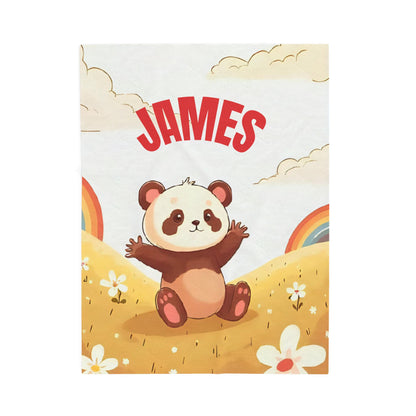 Personalized Kids Panda Blanket – Custom Name Plush Throw with Rainbows, Flowers & Cute Cartoon Panda| Soft Nursery & Toddler Gift