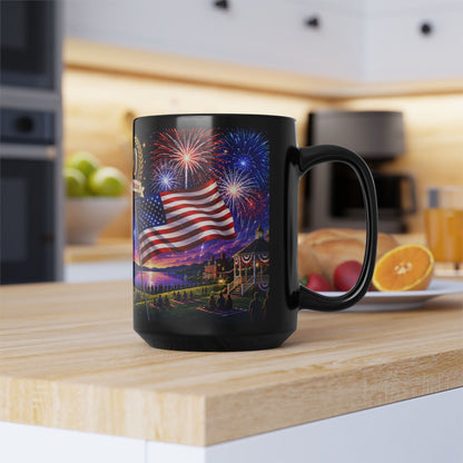 250th America’s Birthday Flag Mug — Patriotic Fireworks Coffee Cup