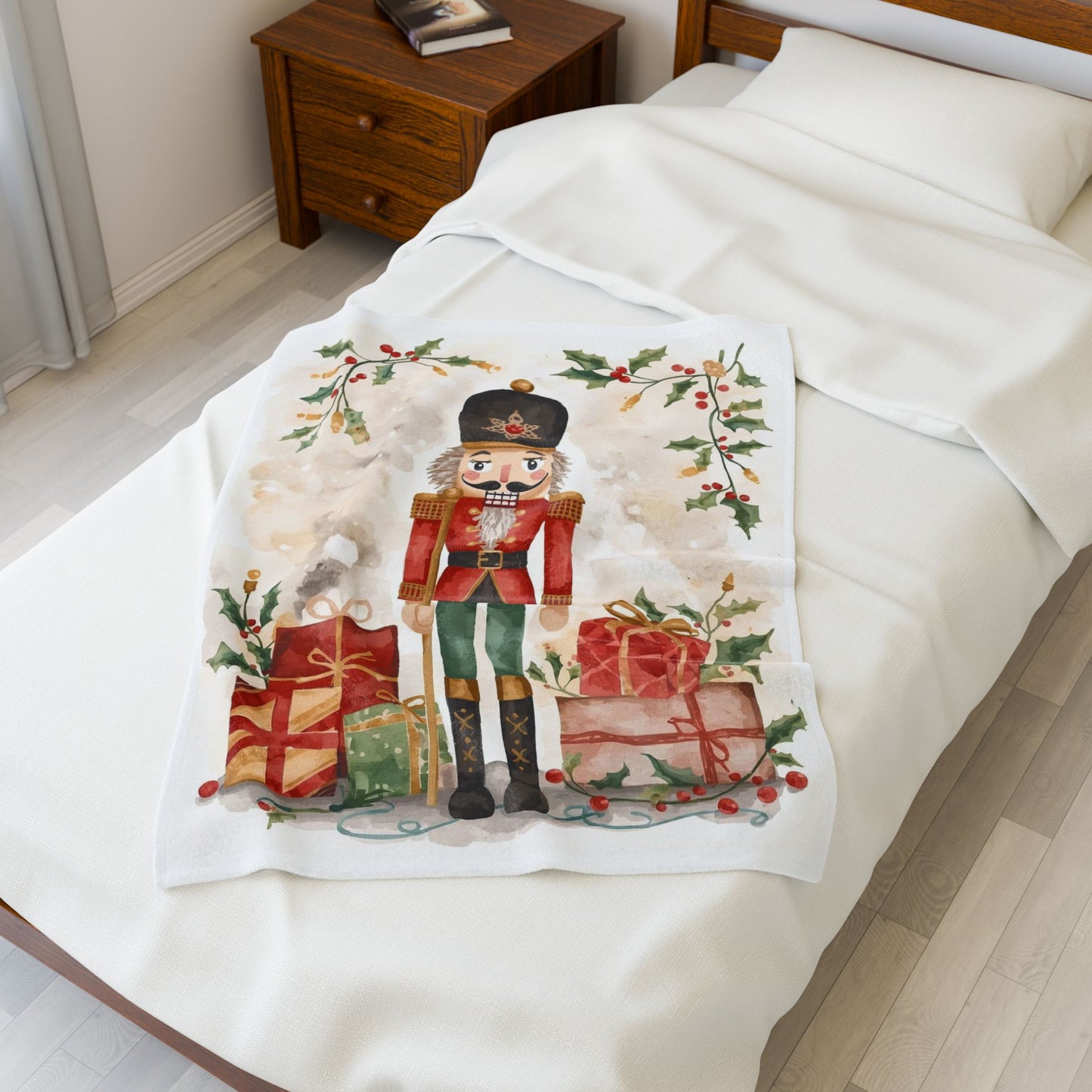 Nutcracker Christmas Velveteen Plush Blanket – Festive Holiday Throw with Presents & Holly