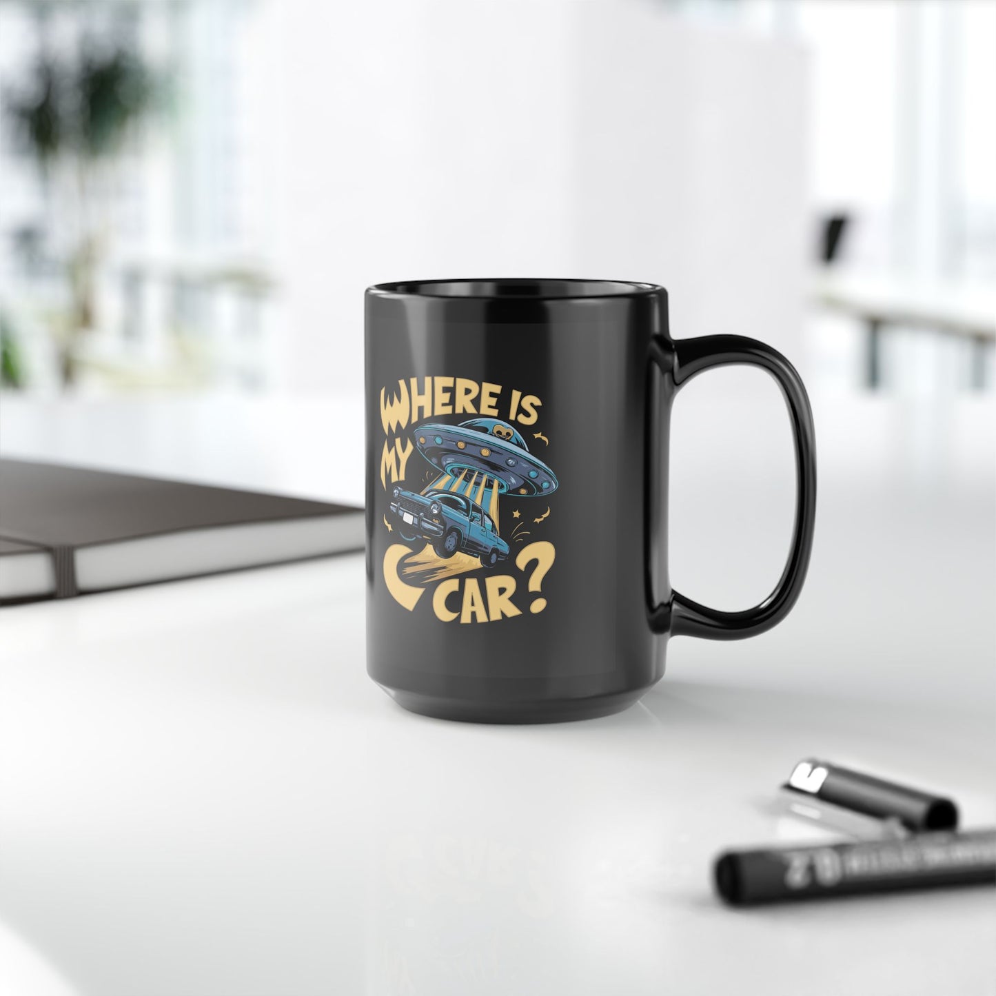 Funny UFO Car Mug – “Where Is My Car?” Alien Abduction Coffee Cup – Retro Sci-Fi Humor Black Ceramic Mug for Car Lovers (11 - 15 oz)