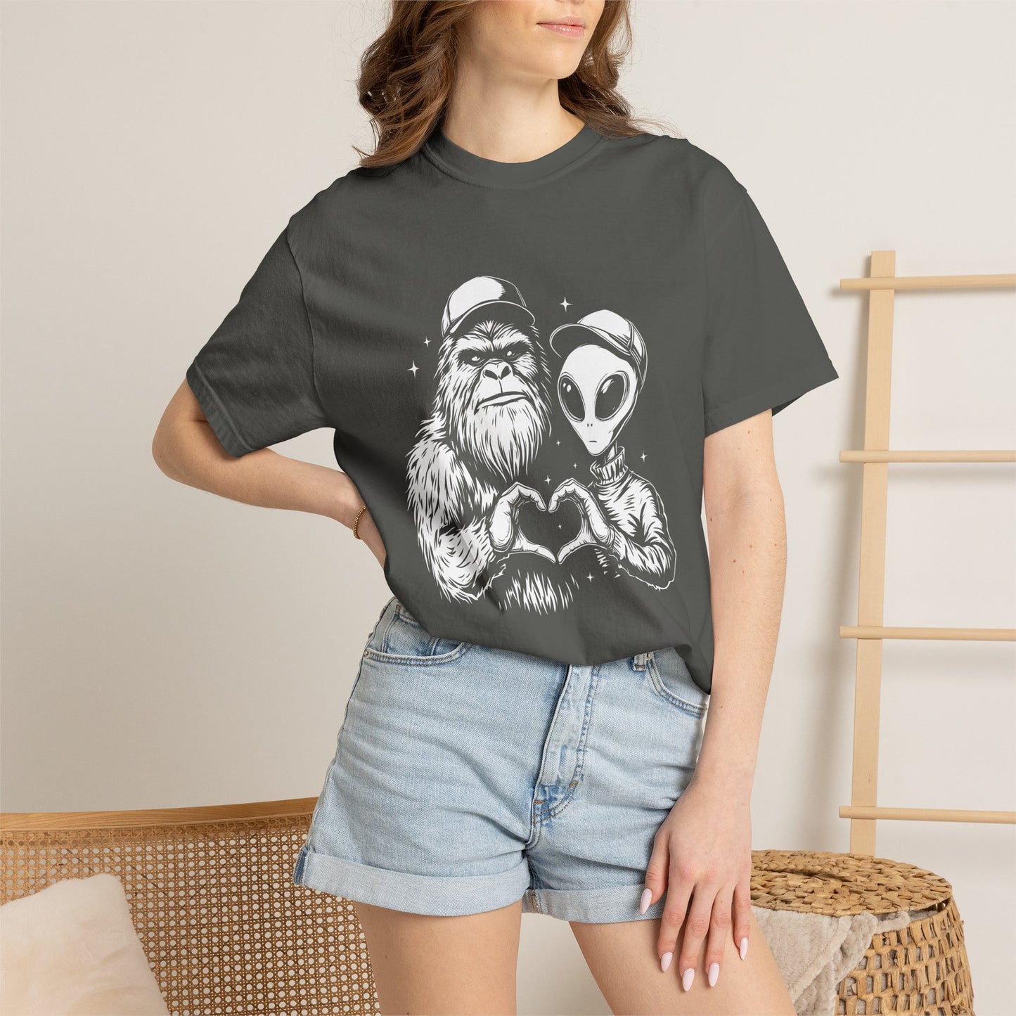 Alien & Sasquatch Heart Tee — Funny UFO Bigfoot Graphic T-Shirt