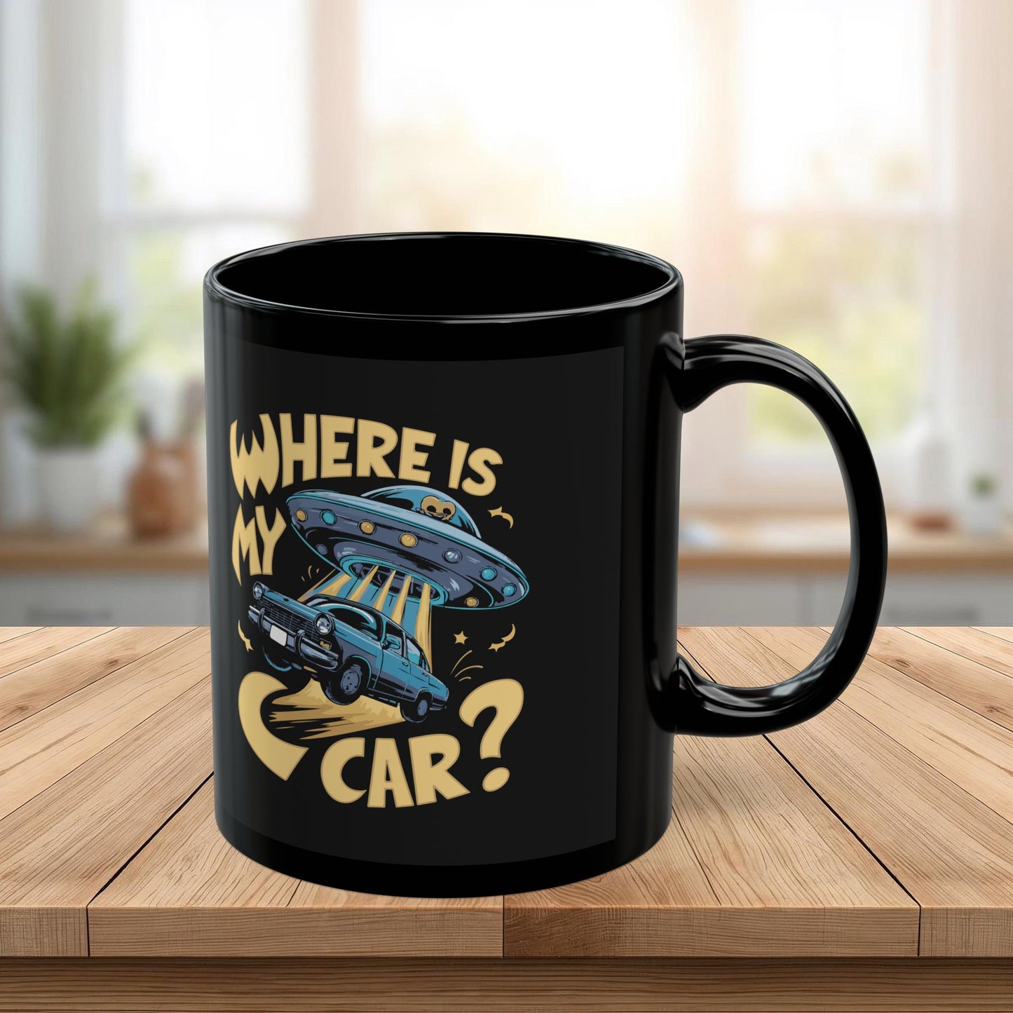 Funny UFO Car Mug – “Where Is My Car?” Alien Abduction Coffee Cup – Retro Sci-Fi Humor Black Ceramic Mug for Car Lovers (11 - 15 oz)