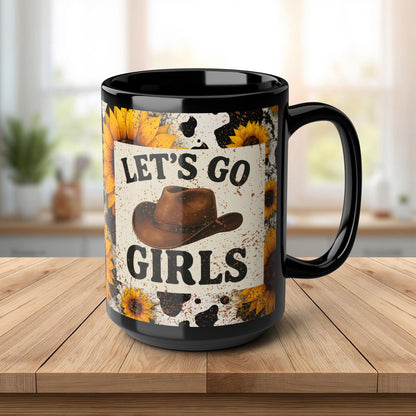Let’s Go Girls Black Ceramic Mug, Country Sunflower Coffee Cup 11oz & 15oz