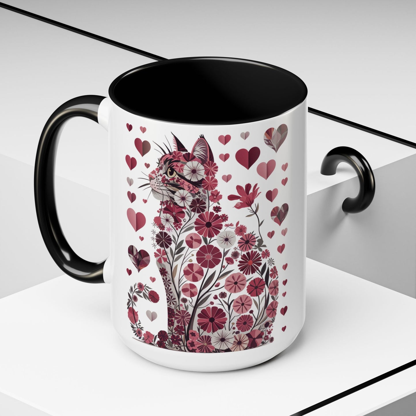 Floral Cat Heart Accent Coffee Mug — Gift Mug (11/15oz)