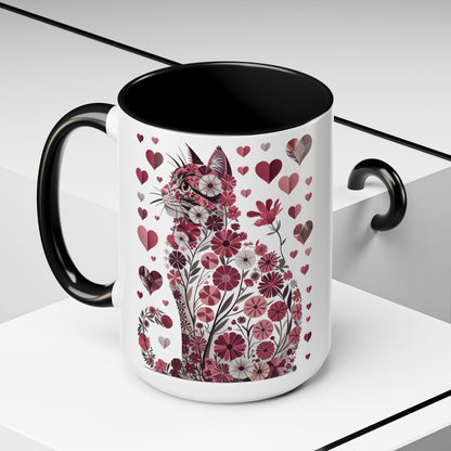 Floral Cat Heart Accent Coffee Mug — Gift Mug (11/15oz)