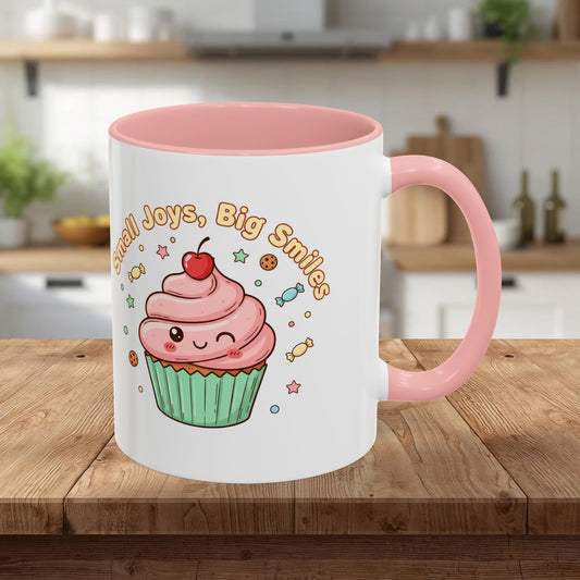 Cupcake Mug - "Small Joys, Big Smiles" Cute Kawaii Accent Coffee Mug/ Gift Mug (11/15oz)