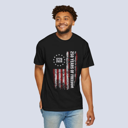 "250 Years of Freedom 1776–2026" Distressed American Flag Patriotic Tee