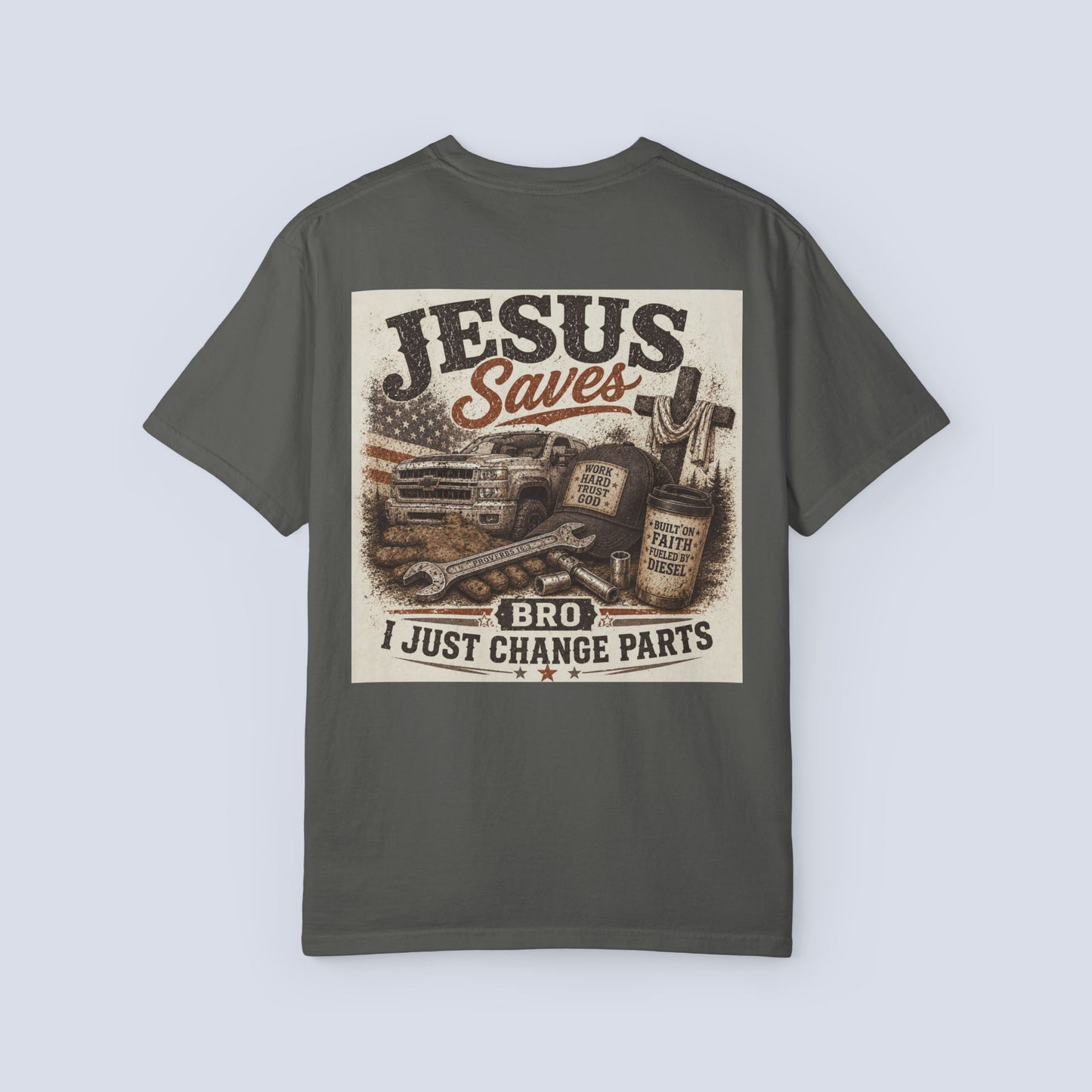Jesus Saves Bro I Just Change Parts Shirt | Christian Mechanic Shirt | Blue Collar Faith Tee | Comfort Colors 1717 Graphic Tee