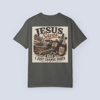 Jesus Saves Bro I Just Change Parts Shirt | Christian Mechanic Shirt | Blue Collar Faith Tee | Comfort Colors 1717 Graphic Tee