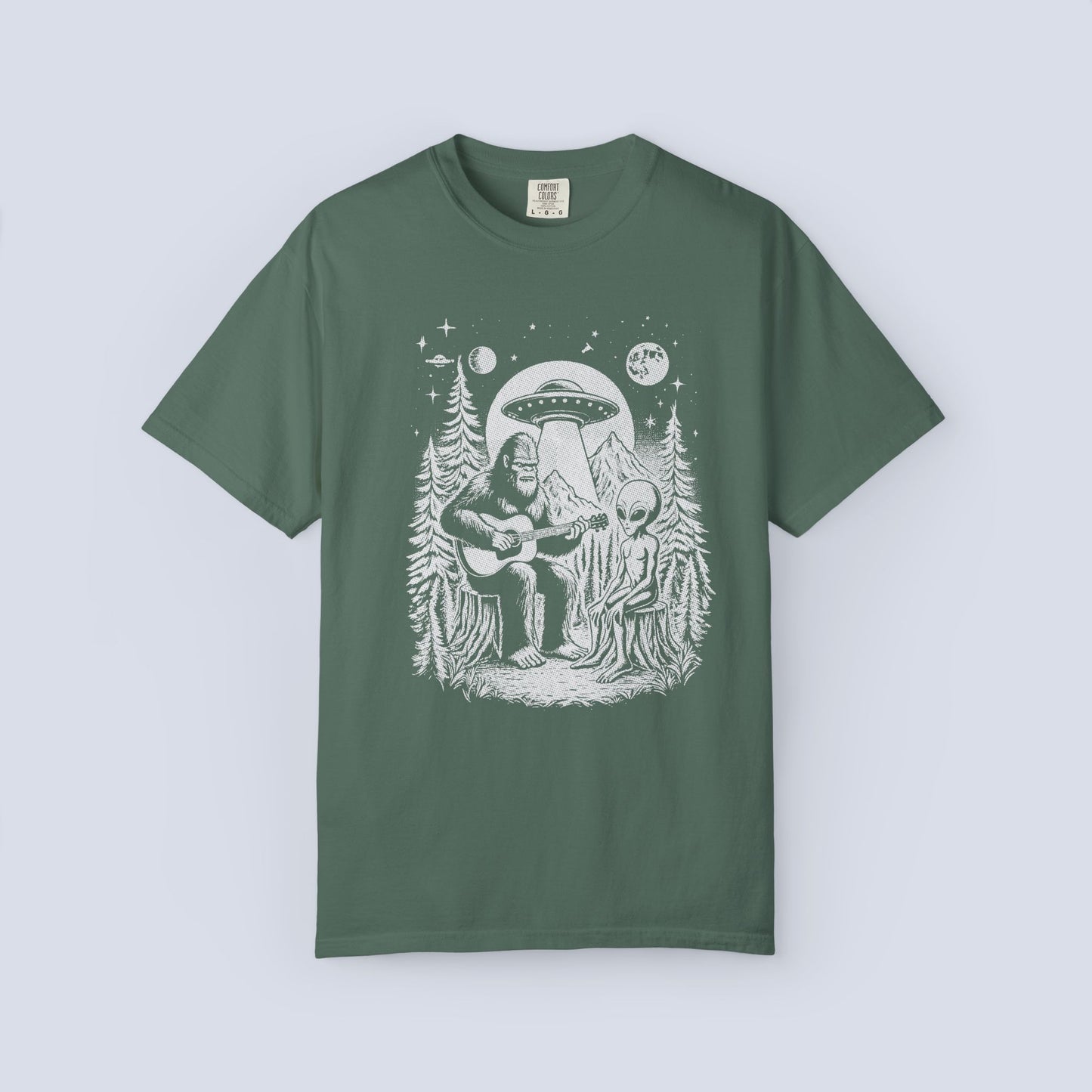 Alien & Bigfoot Campfire T-Shirt — Guitar-Playing Astronaut & UFO Night Scene