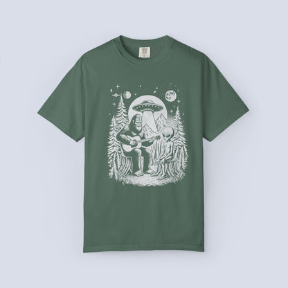 Alien & Bigfoot Campfire T-Shirt — Guitar-Playing Astronaut & UFO Night Scene