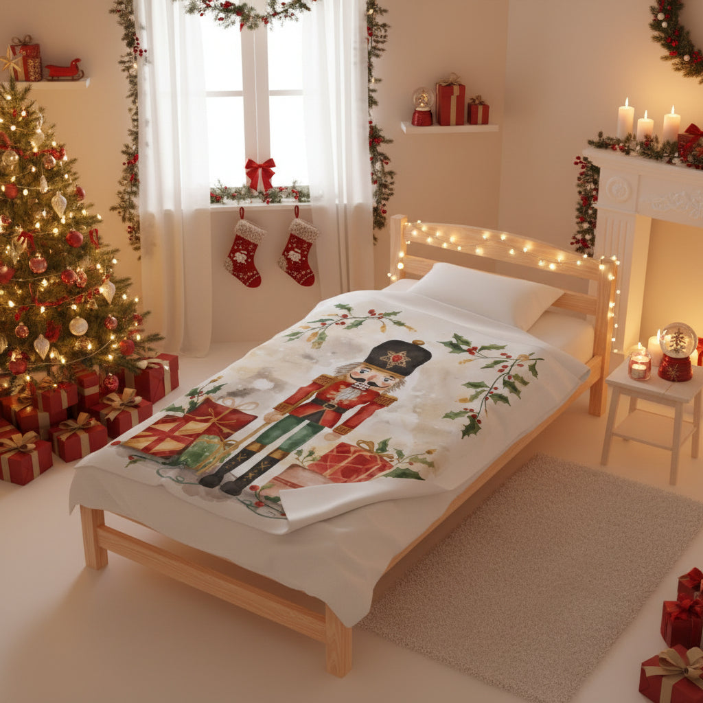 Nutcracker Christmas Velveteen Plush Blanket – Festive Holiday Throw with Presents & Holly