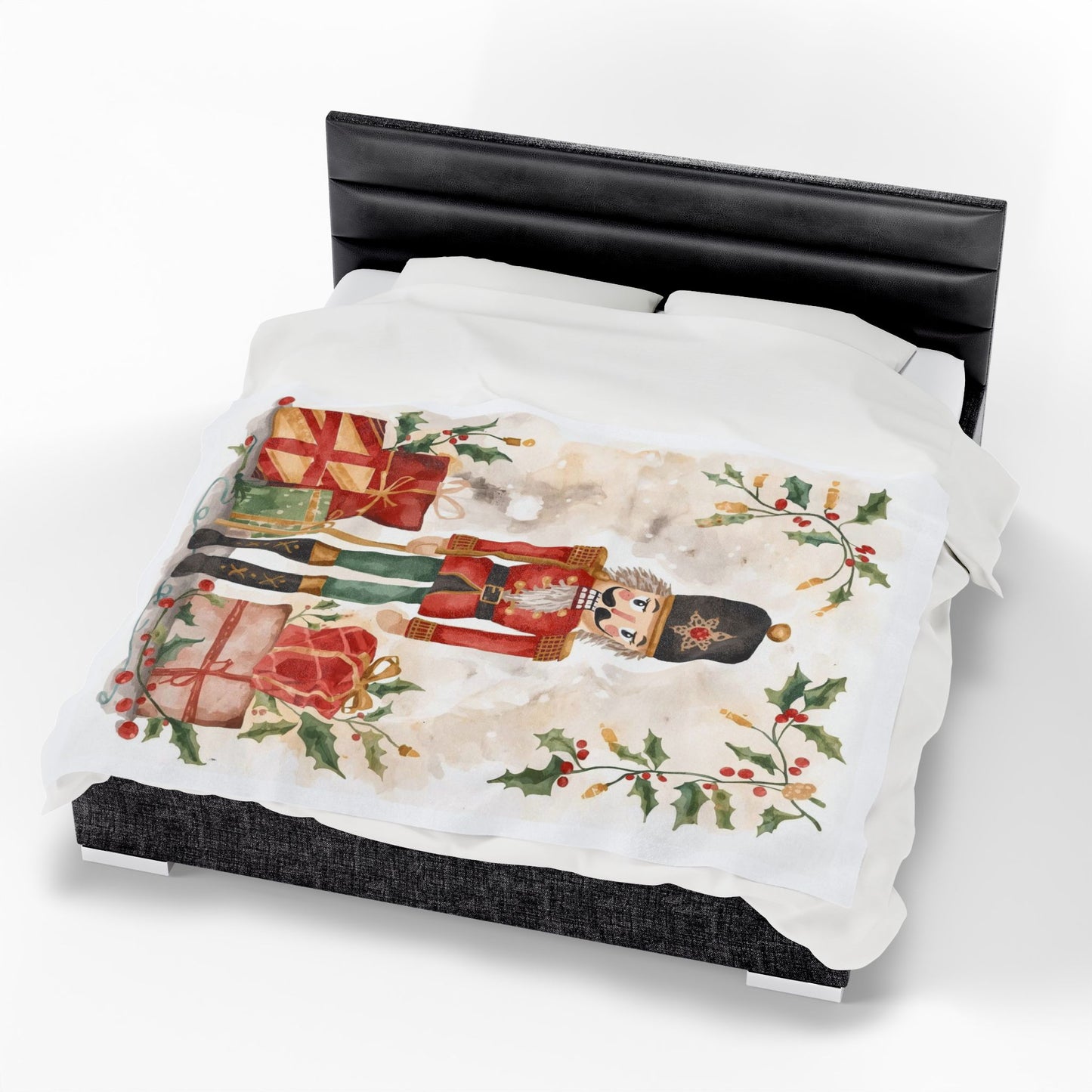Nutcracker Christmas Velveteen Plush Blanket – Festive Holiday Throw with Presents & Holly