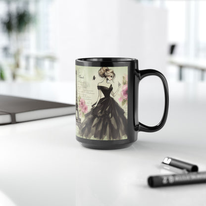 Parisian Daydream Black Mug – Romantic Eiffel Tower Watercolor Coffee Cup (15oz)