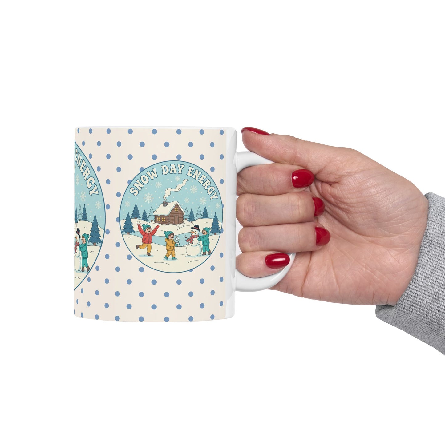 Snow Day Memories Ceramic Mug — Cozy Cabin Winter Scene/ Gift Mug (11oz & 15oz)