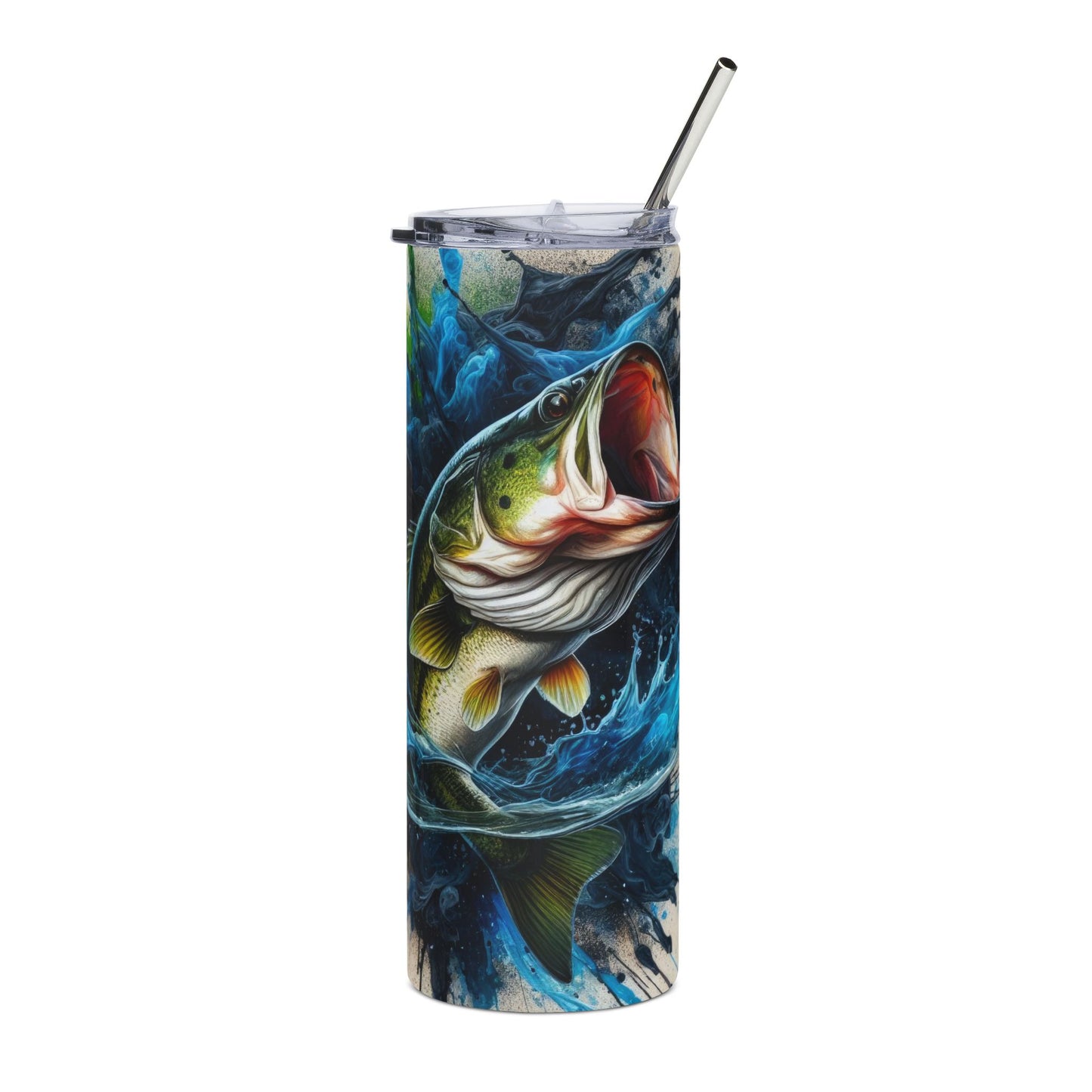 Bass Leaping 20oz Stainless Steel Tumbler — 360 Fishing Art, Insulated Travel Cup