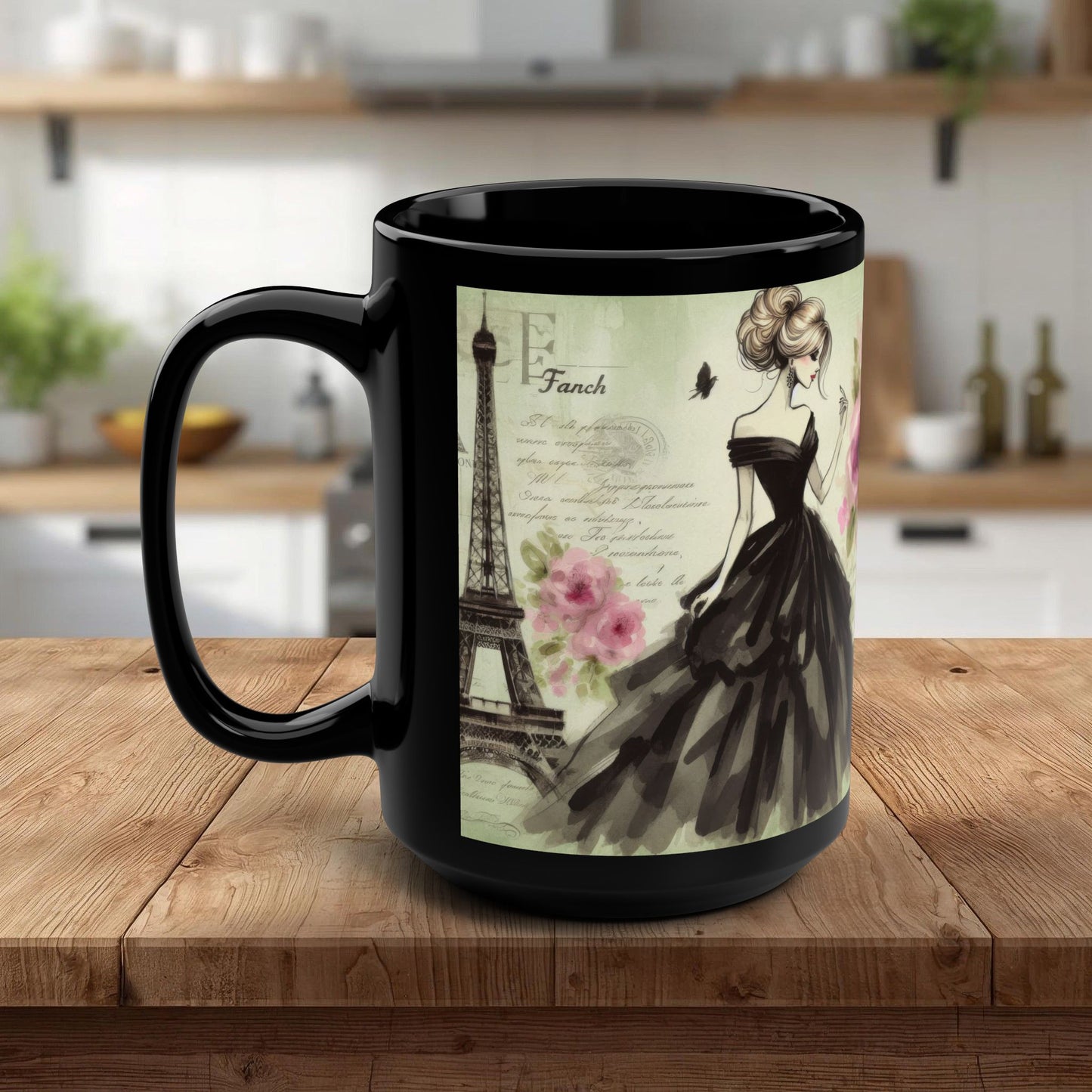 Parisian Daydream Black Mug – Romantic Eiffel Tower Watercolor Coffee Cup (15oz)
