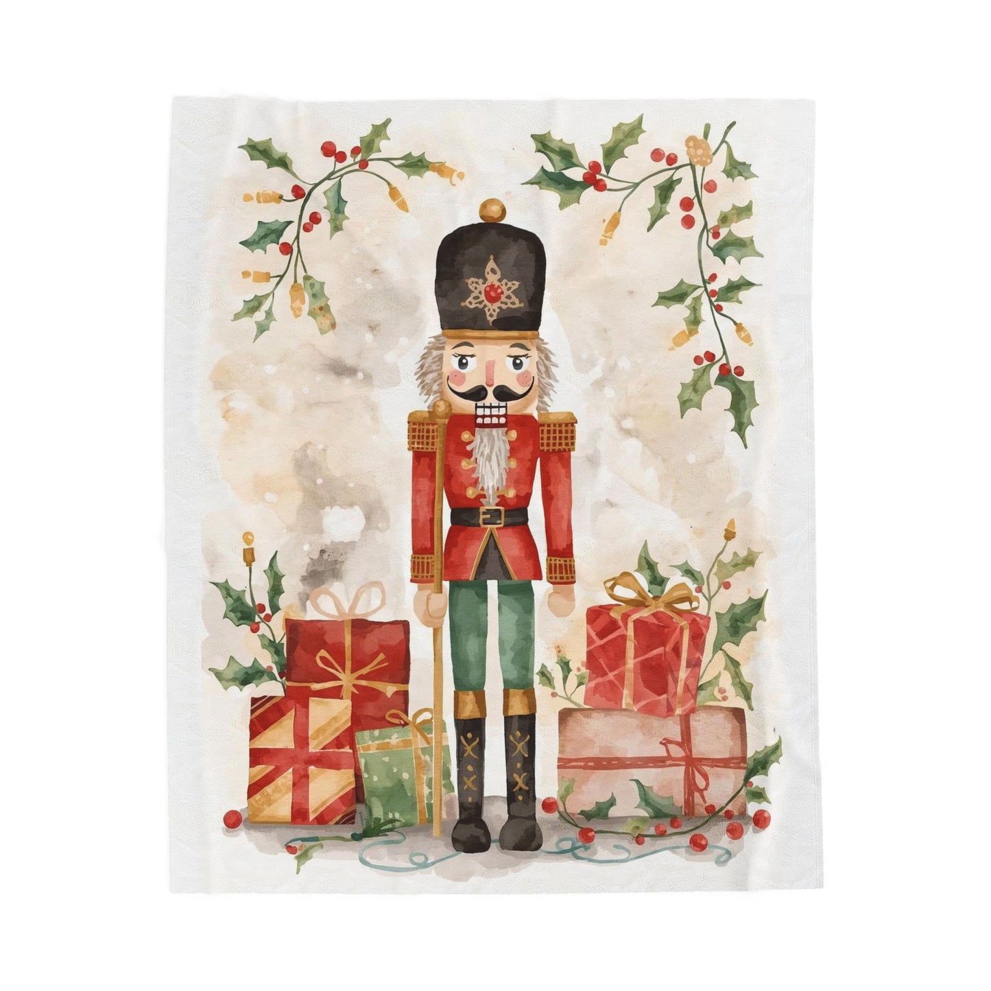 Nutcracker Christmas Velveteen Plush Blanket – Festive Holiday Throw with Presents & Holly