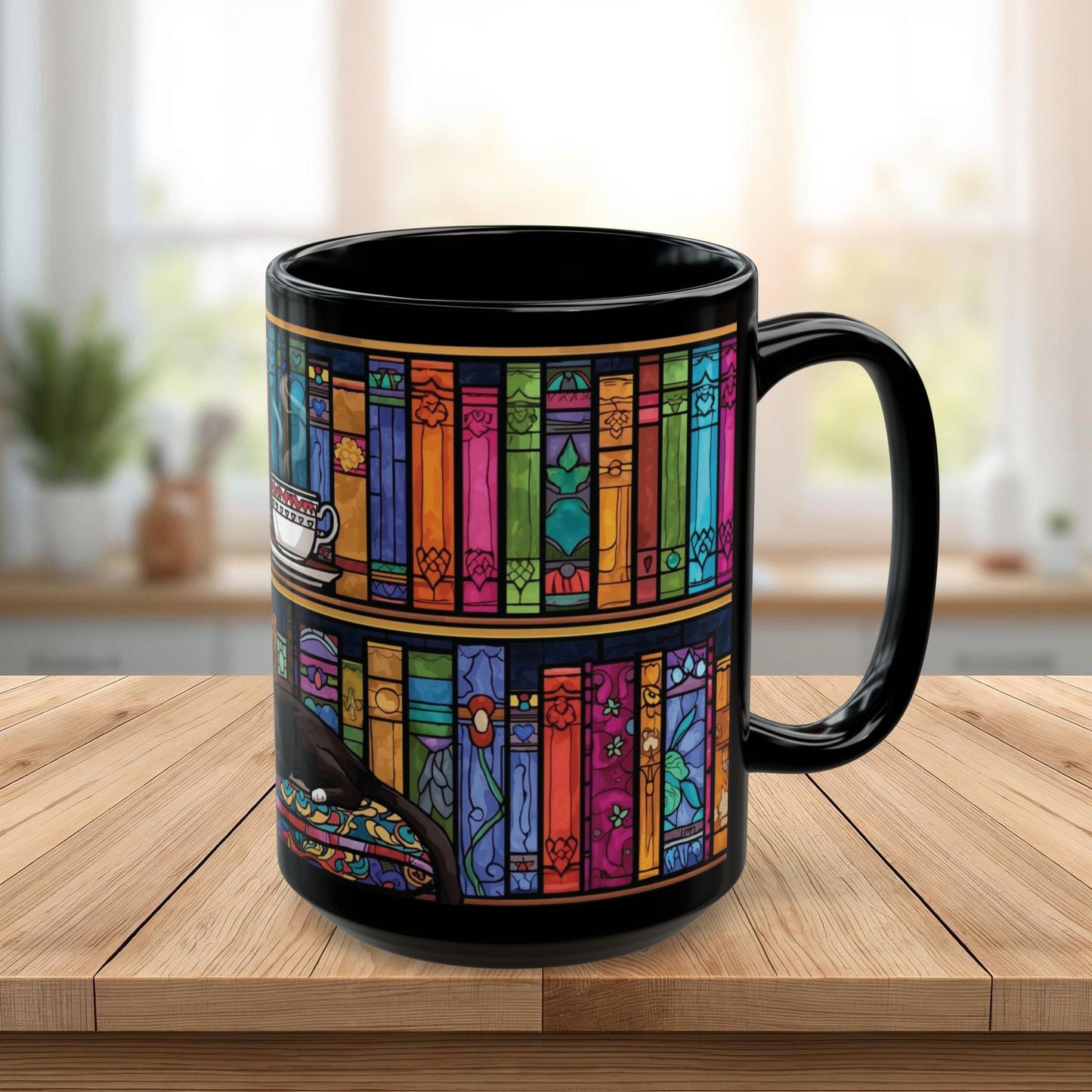 Black Cat Stained Glass Mug – Colorful Gothic Cat Coffee Mug, Artistic Cat Lover Gift, Vibrant Mosaic Cat Cup (11oz & 15oz)