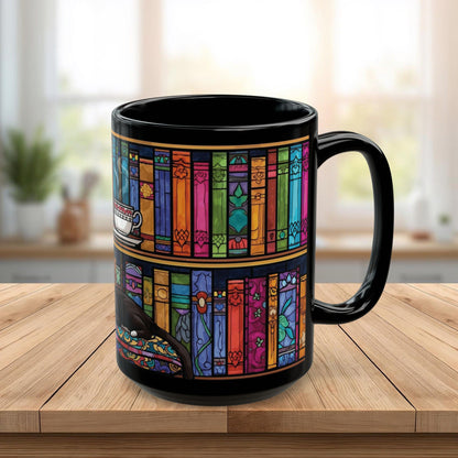 Black Cat Stained Glass Mug – Colorful Gothic Cat Coffee Mug, Artistic Cat Lover Gift, Vibrant Mosaic Cat Cup (11oz & 15oz)