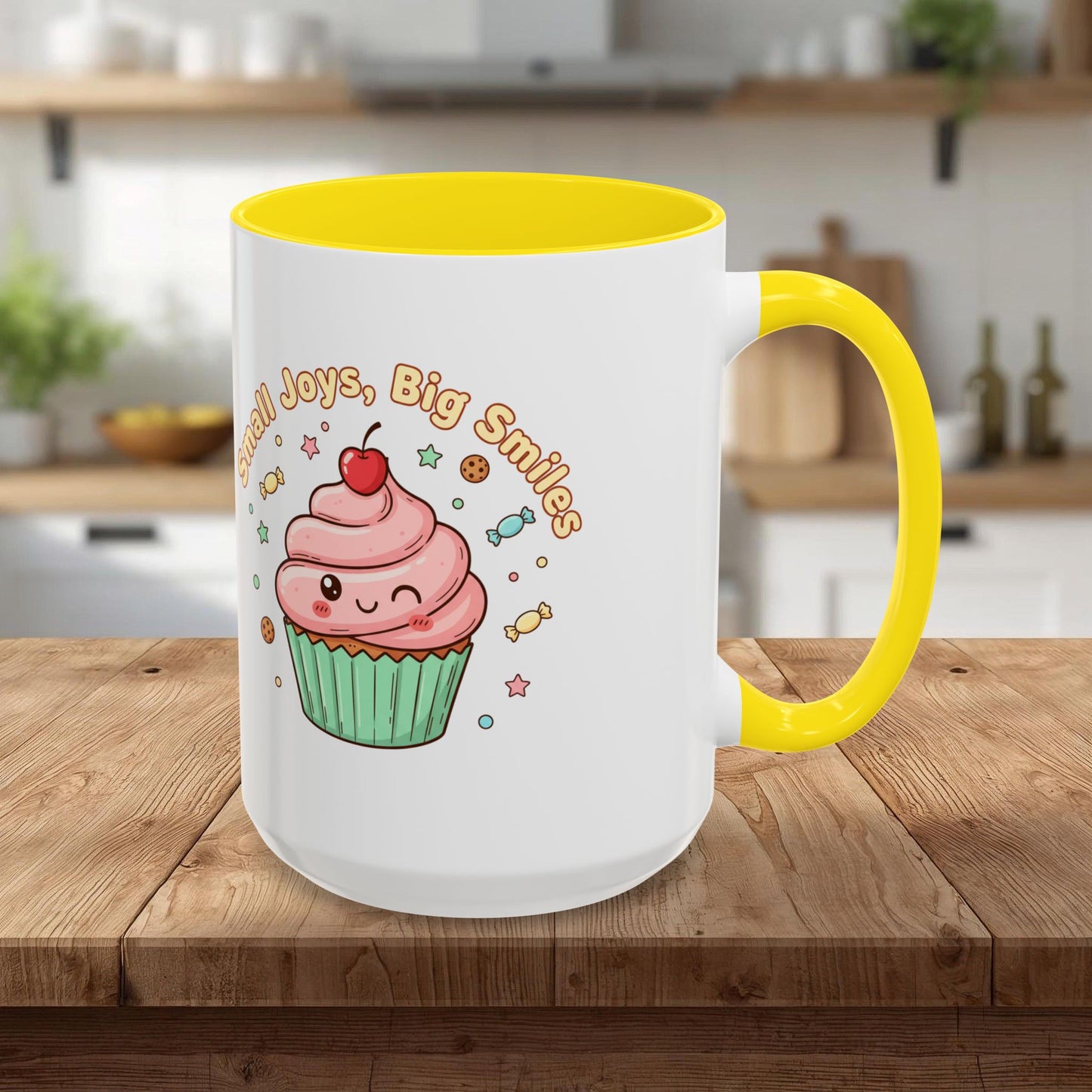 Cupcake Mug - "Small Joys, Big Smiles" Cute Kawaii Accent Coffee Mug/ Gift Mug (11/15oz)