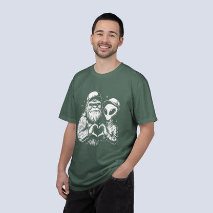 Alien & Sasquatch Heart Tee — Funny UFO Bigfoot Graphic T-Shirt