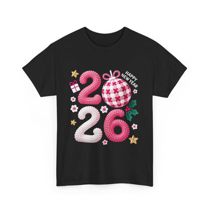 2026 Christmas Knit Style T-Shirt – Cozy Holiday Graphic Tee with Pink Plaid Ornament & Festive Details