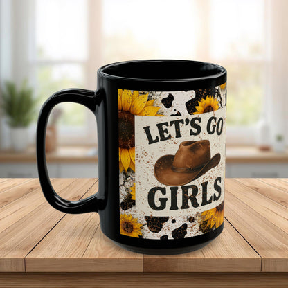 Let’s Go Girls Black Ceramic Mug, Country Sunflower Coffee Cup 11oz & 15oz