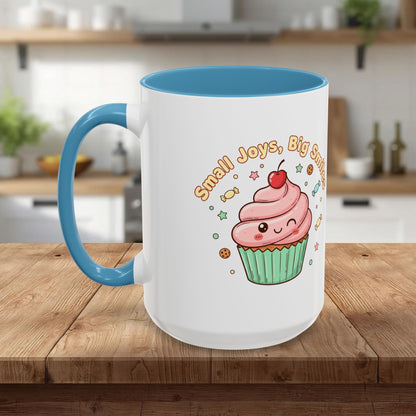Cupcake Mug - "Small Joys, Big Smiles" Cute Kawaii Accent Coffee Mug/ Gift Mug (11/15oz)