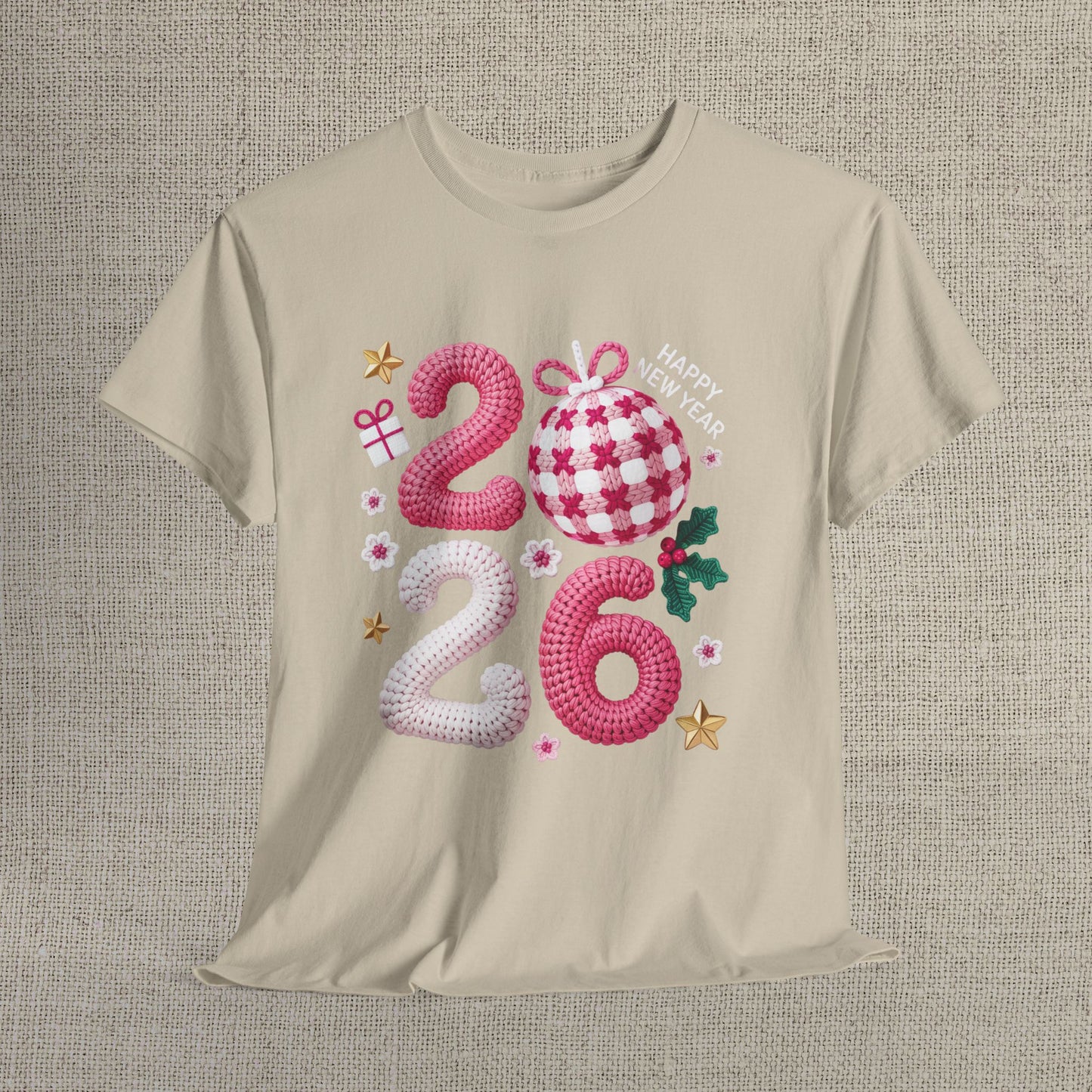 2026 Christmas Knit Style T-Shirt – Cozy Holiday Graphic Tee with Pink Plaid Ornament & Festive Details
