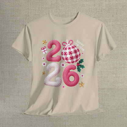 2026 Christmas Knit Style T-Shirt – Cozy Holiday Graphic Tee with Pink Plaid Ornament & Festive Details