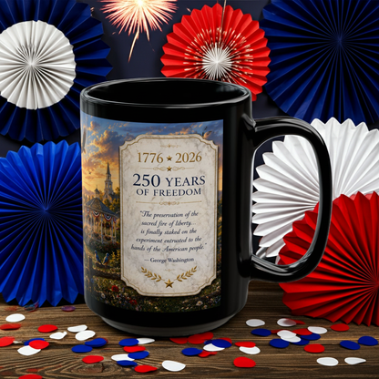 250 Years of Freedom Black Mug( Liberty at Dawn) Collector's Edition — 1776–2026 Patriotic American Flag Coffee Cup