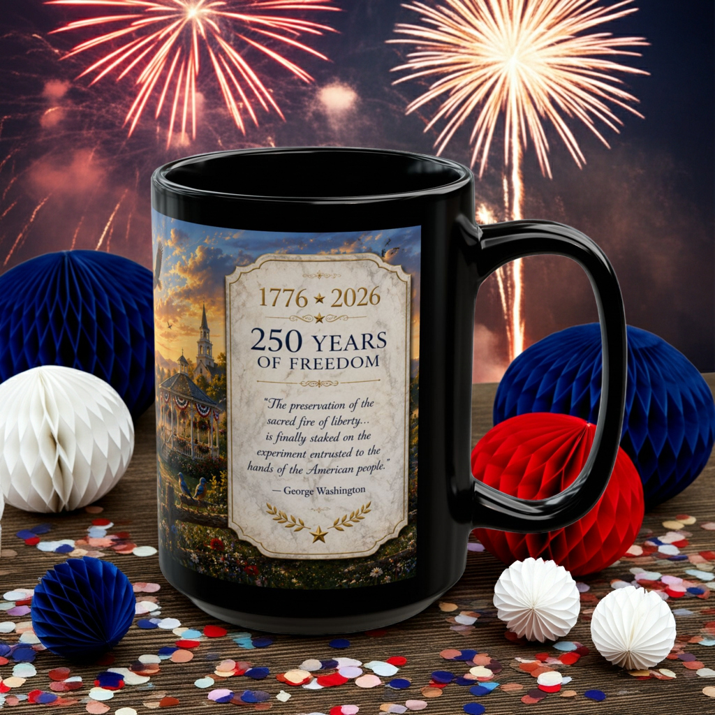 250 Years of Freedom Black Mug( Liberty at Dawn) Collector's Edition — 1776–2026 Patriotic American Flag Coffee Cup