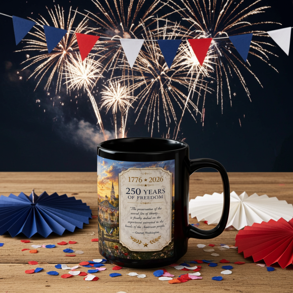 250 Years of Freedom Black Mug( Liberty at Dawn) Collector's Edition — 1776–2026 Patriotic American Flag Coffee Cup