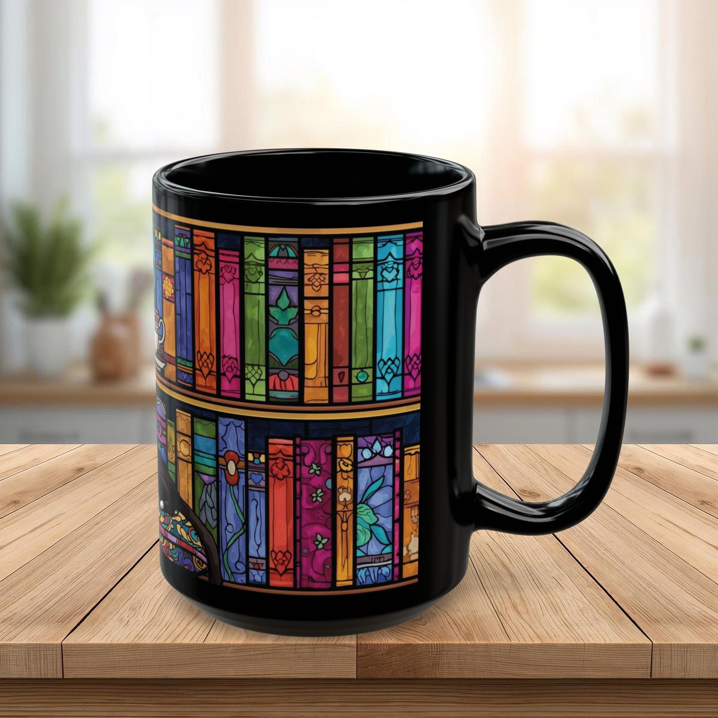 Black Cat Stained Glass Mug – Colorful Gothic Cat Coffee Mug, Artistic Cat Lover Gift, Vibrant Mosaic Cat Cup (11oz & 15oz)