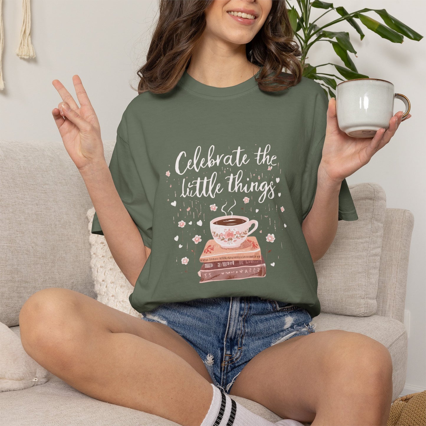 Celebrate the Little Things T-Shirt | Cozy Coffee & Books Graphic Tee | Inspirational Quote Shirt | Gildan 5000