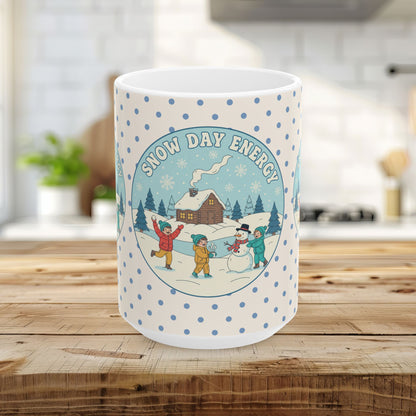 Snow Day Memories Ceramic Mug — Cozy Cabin Winter Scene/ Gift Mug (11oz & 15oz)
