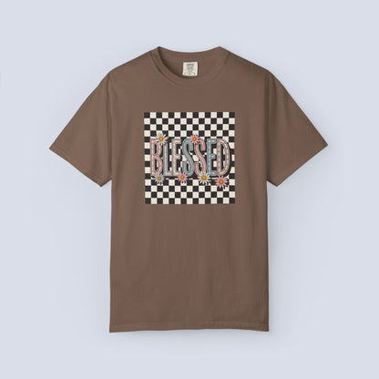 Blessed Checkerboard Floral Shirt | Retro Aesthetic Graphic Tee | Cute Trendy Boutique T-Shirt | Comfort Colors 1717 Unisex Tee