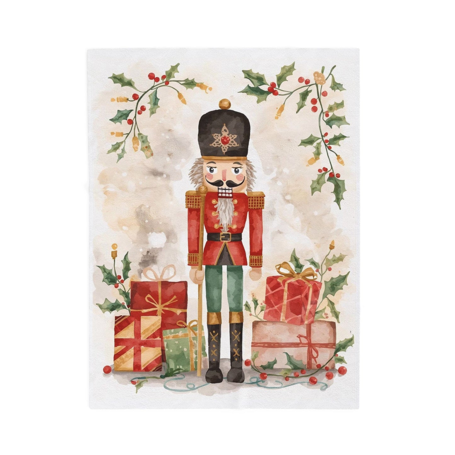 Nutcracker Christmas Velveteen Plush Blanket – Festive Holiday Throw with Presents & Holly