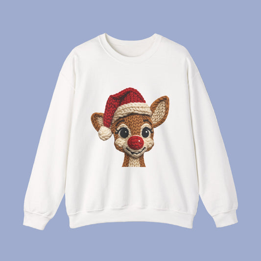 Embroidered Rudolph Christmas Crewneck – Cozy Holiday Reindeer Sweatshirt, Cute Winter Sweater, Festive Unisex Pullover