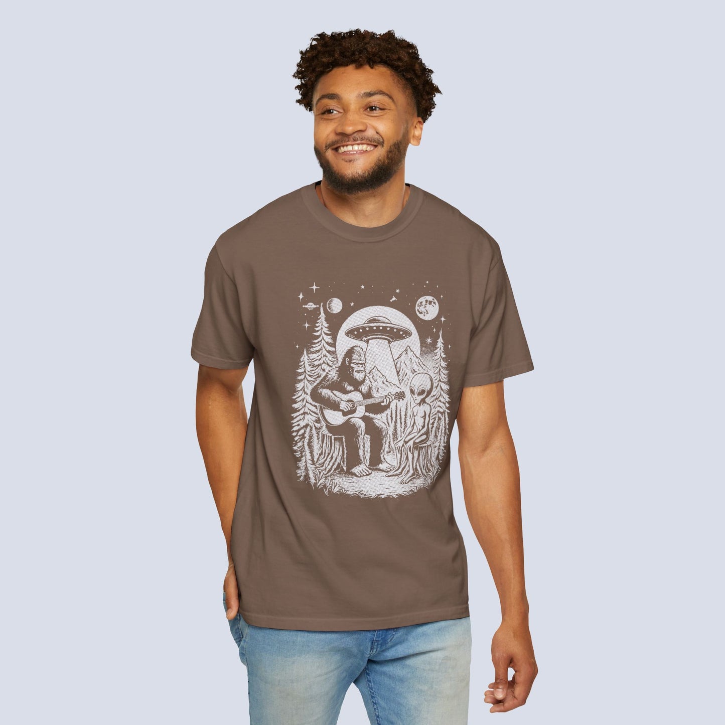Alien & Bigfoot Campfire T-Shirt — Guitar-Playing Astronaut & UFO Night Scene