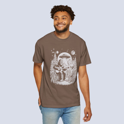 Alien & Bigfoot Campfire T-Shirt — Guitar-Playing Astronaut & UFO Night Scene