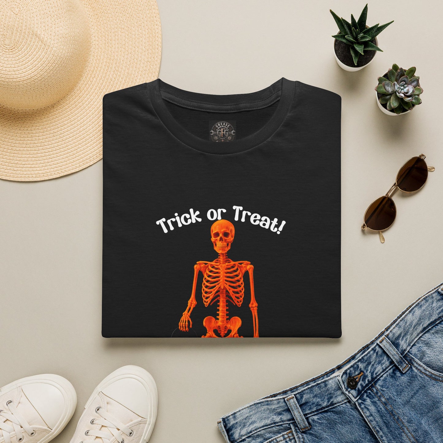 Trick or Treat Orange Skeleton Halloween T-Shirt