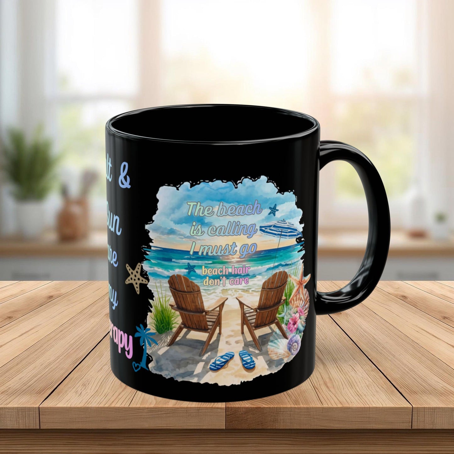 Beach Mug - "Salt & Sun Are My Therapy" Scenic Ocean Coffee Cup (11oz/15oz)