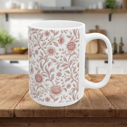 Vintage Rose Floral Ceramic Mug – Pink Botanical Pattern / Gift Mug(11oz & 15oz)