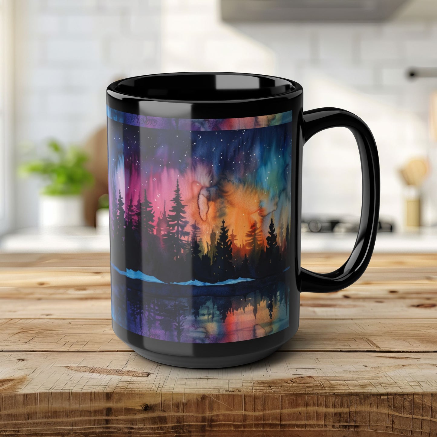 Aurora Forest Black Ceramic Mug | Northern Lights Nightscape Coffee Cup | 11oz & 15oz Mug